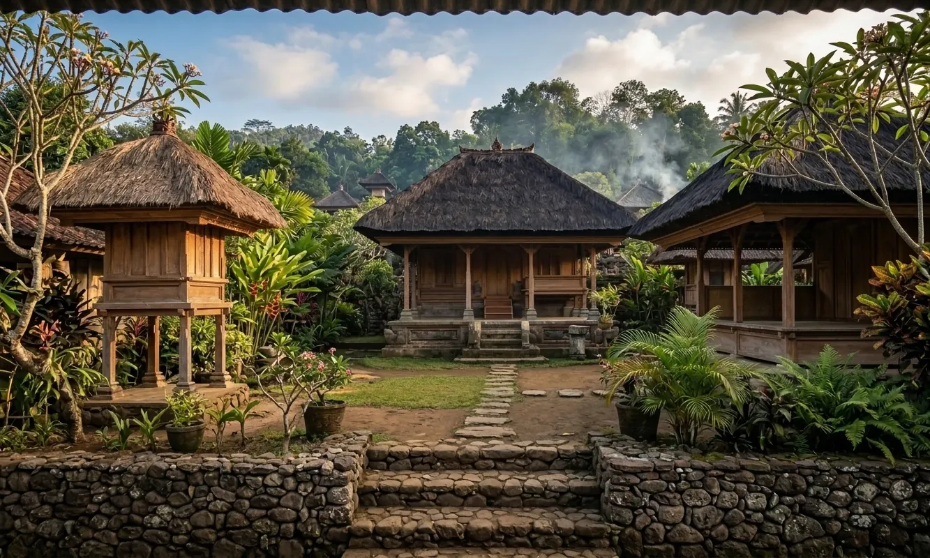 Tatanan halaman dan bale arsitektur tradisional Bali dalam pencahayaan alami